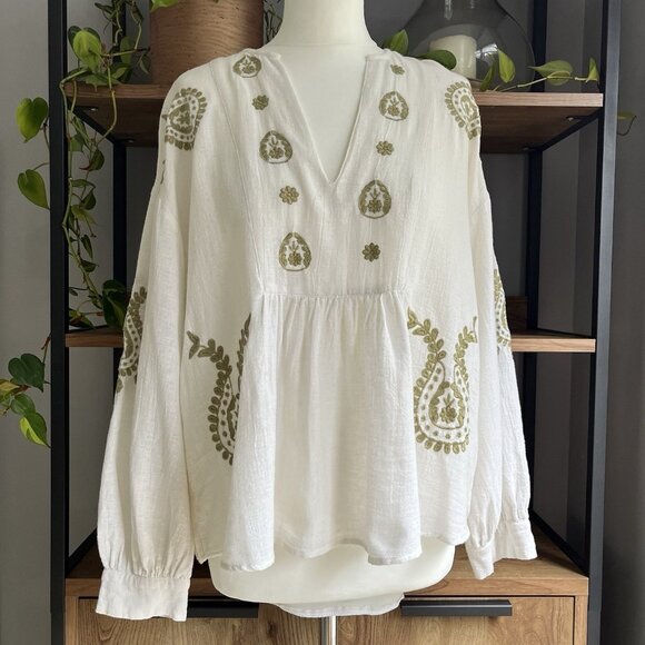 Zara Embroidered Top L 12 14 Ecru & Green Boho Peasant Balloon Sleeves Worn Once - Picture 1 of 6